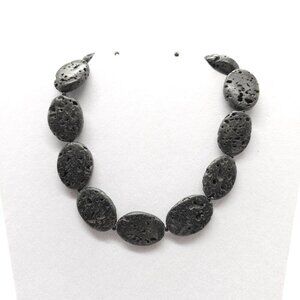 Chunky Black Lava Rock Beaded Necklace Sterling Toggle Clasp 16 Inches Long